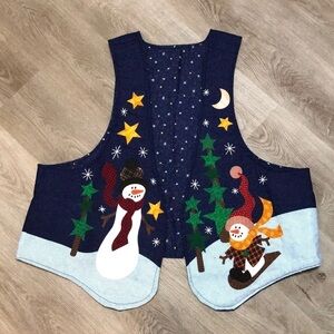 Snowman Star Winter Christmas Vest Blue Teacher Cabin Holiday Kitsch